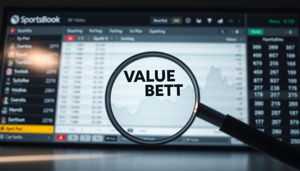 A sleek, modern sportsbook interface displaying odds and metrics for various sporting events. In the foreground, a magnifying glass hovers over the odds, highlighting the concept of "value betting" - the strategic identification of bets with favorable odds. The middle ground features a graph or chart, visualizing the comparative data across different bookmakers. The background has a clean, minimalist design with subtle gradients or textures, creating a sense of focus and clarity. Soft, directional lighting illuminates the scene, casting subtle shadows and highlights to emphasize the key elements. The overall mood is one of analytical precision, inviting the viewer to engage with the process of value betting.