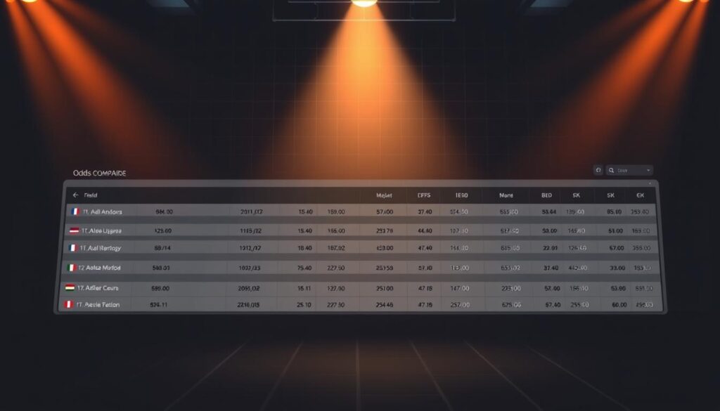 A sleek, modern sportsbook interface showcasing a comprehensive odds comparison. In the foreground, a series of betting lines are displayed with clear, easy-to-read odds for various sporting events. The middle ground features a clean, minimalist design with intuitive navigation controls, allowing users to toggle between different sports and markets. The background subtly evokes the atmosphere of a high-tech financial trading floor, with a subtle grid pattern and muted color palette that creates a sense of professionalism and authority. Dramatic, directional lighting casts a warm glow across the scene, enhancing the sense of precision and clarity. The overall impression is one of a sophisticated, user-friendly platform that empowers bettors to make informed decisions and capitalize on the best available odds.