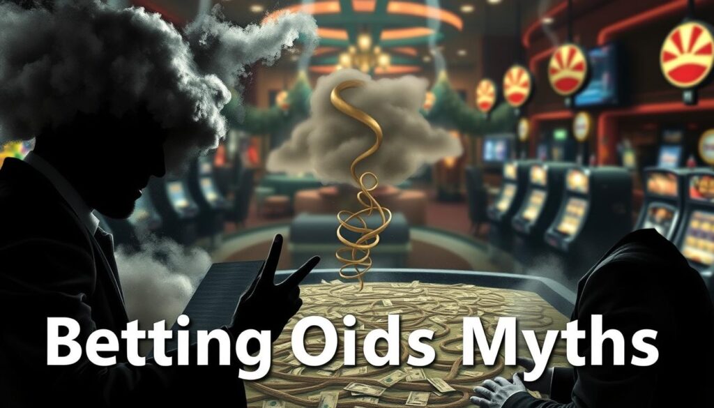 A surreal and cautionary illustration depicting "betting odds myths". In the foreground, shadowy figures make extravagant promises of easy money and unbeatable "systems", their faces obscured by clouds of deception. In the middle ground, a labyrinth of tangled odds and probabilities creates a sense of uncertainty and complexity. The background features a blurred, dreamlike landscape of gambling tables and slot machines, hinting at the alluring but treacherous nature of the betting world. Dramatic chiaroscuro lighting casts an ominous tone, underscoring the unreliable nature of these so-called "betting secrets". The overall atmosphere conveys a sense of false hope and the dangers of placing trust in unsound gambling advice.