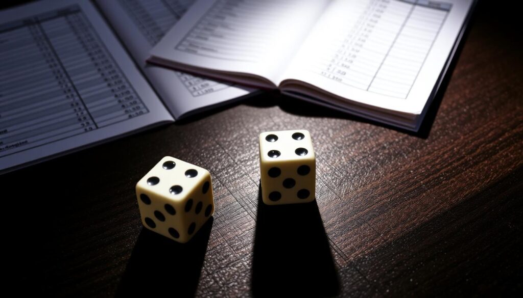 A well-lit close-up of two dice rolling on a dark wooden table, their shadows cast dramatically across the surface. In the background, a pair of open betting ledgers with neatly organized columns of numbers, conveying a sense of responsible financial planning. The dice appear crisp and detailed, their edges sharp, conveying a feeling of precision and control. The overall mood is one of considered strategy and strategic decision-making, hinting at the importance of carefully comparing odds when making responsible gambling choices.
