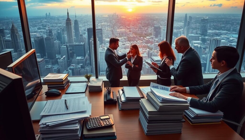 A busy financial office with a focus on calculating payouts. In the foreground, a desk with a computer, calculator, and stacks of documents. The middle ground features people in business attire engaged in intense discussions, gesturing towards charts and graphs. The background showcases a panoramic view of a bustling city skyline, with the warm glow of sunset casting a mellow ambiance. The overall scene conveys a sense of diligence, precision, and the importance of accurate financial calculations.