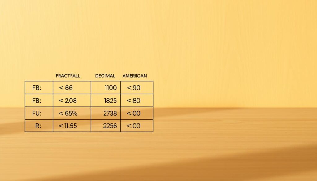A clean, minimalist table against a warm, textured background, showcasing a simple conversion guide for fractional odds to decimal and American formats. The table's surface has a subtle wood grain, casting soft shadows. Precise typography in a modern, readable font presents the odds values in a clear, organized manner. Gentle lighting from the side creates depth and highlights the tactile quality of the materials. The overall mood is informative, practical, and visually appealing, suitable for an educational article on sports betting odds.
