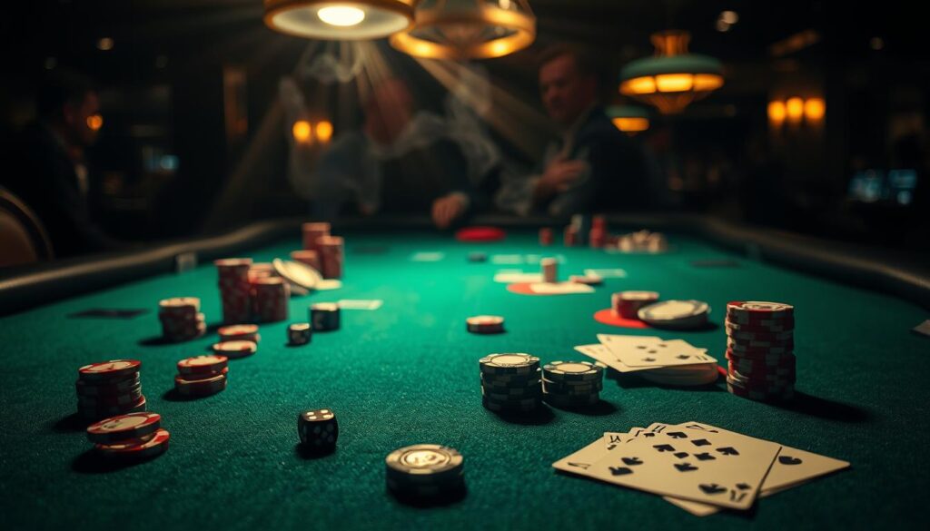 A dark and dimly lit casino table, the green felt illuminated by the warm glow of overhead lamps. On the table, poker chips, dice, and playing cards are scattered, representing the allure and temptation of gambling. In the background, a hazy, smoky atmosphere suggests the illusion of luck and the illusion of "hot streaks." The scene conveys the myth of unending winning, the deceptive belief that chance can be mastered, and the false promise of easy riches that lures unsuspecting players into a cycle of loss.