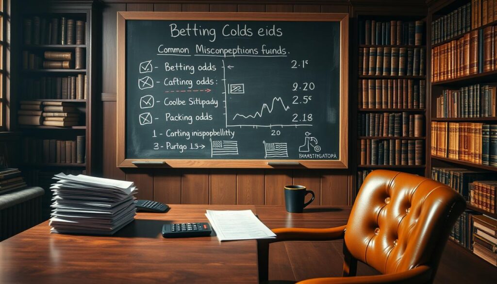 A dimly lit office setting, with a wooden desk and a leather chair in the foreground. On the desk, a stack of betting slips, a calculator, and a mug of coffee. In the middle ground, a chalkboard displaying various betting odds, with arrows and crossed-out sections, hinting at common misconceptions. The background features bookshelves filled with tattered volumes on gambling and probability, casting a warm, scholarly glow. The overall atmosphere conveys a sense of contemplation and the pursuit of understanding the complex world of betting odds.