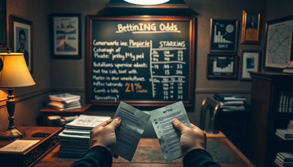 A dimly lit, vintage-style office setting with a wooden desk, an old-fashioned lamp, and stacks of betting odds sheets. In the foreground, a pair of hands holding betting slips, showcasing common misconceptions about odds. The middle ground features a chalkboard displaying statistical explanations, debunking these myths. The background has a wall with framed betting charts and graphs, creating an atmosphere of analytical focus. The lighting is warm and slightly muted, evoking a sense of thoughtful contemplation. The overall composition highlights the importance of understanding betting odds to make informed and responsible decisions.