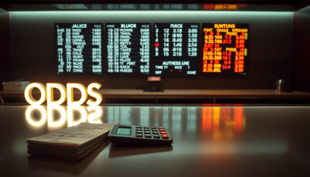 A sleek, minimalist sportsbook counter with a neon "ODDS" sign illuminating the scene. In the foreground, a stack of betting slips and a calculator symbolize the "juice" or sportsbook's edge, casting a subtle glow. The middle ground features a digital display board showcasing various betting lines and point spreads, hinting at the complex calculations involved. The background is bathed in a muted, atmospheric lighting, creating a sense of anticipation and intensity. The overall composition conveys the precise, data-driven nature of the sportsbook's operations and the mathematical advantage they hold over bettors.