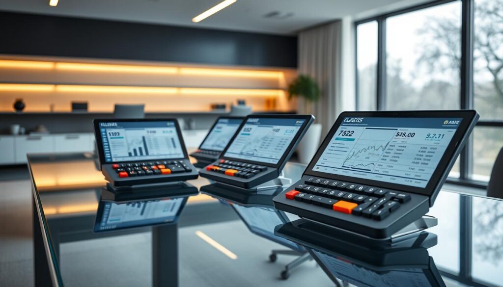 A sleek, modern workspace with multiple high-resolution betting calculators arranged neatly on a glass desk. The calculators display complex odds and probability data, their screens emitting a soft, warm glow under the gentle overhead lighting. The desk is situated in front of a large window, allowing natural daylight to filter in and create a sense of openness and clarity. The background features a minimalist, monochrome decor, placing the focus squarely on the powerful technology at hand - the essential tools for a beginner to grasp the intricacies of finding the best value in odds.