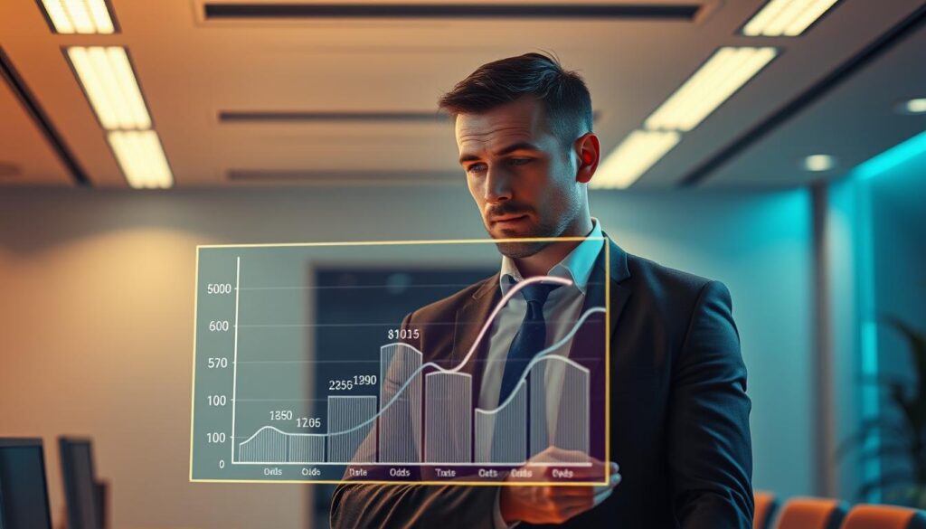 A thoughtful businessman standing in a well-lit office, intently studying a graph displaying various odds values on a holographic display. The lighting is warm and professional, with a hint of blue-tinted accents. The background features a clean, minimalist workspace with subtle textures, suggesting a focused, analytical environment. The man's expression conveys a sense of concentration and determination as he seeks to find the best value odds for his needs. The overall scene evokes a feeling of strategic decision-making and a quest for financial optimization.