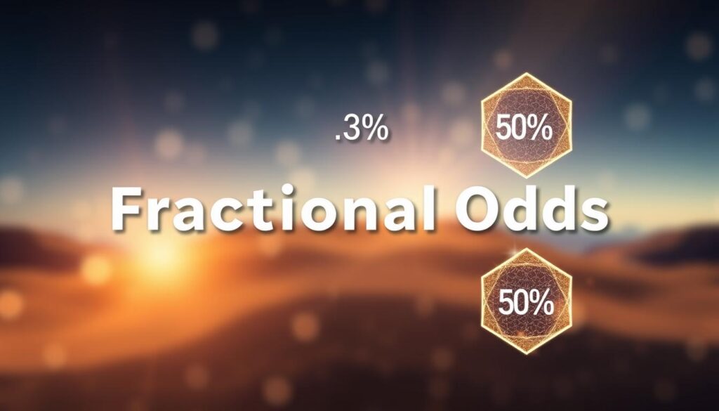 A visually striking image illustrating the concept of "fractional odds". In the foreground, a shimmering geometric pattern of interlocking triangles and hexagons, each with a bold percentage value, representing the fractional nature of odds. The midground features a backdrop of blurred, hazy lights, creating a sense of depth and complexity. The background is a softly lit, ethereal landscape, with subtle hints of a numerical grid or graph paper texture, further reinforcing the mathematical and analytical nature of the subject matter. The overall mood is one of clarity, precision, and a touch of elegance, inviting the viewer to delve deeper into the intricacies of fractional odds.