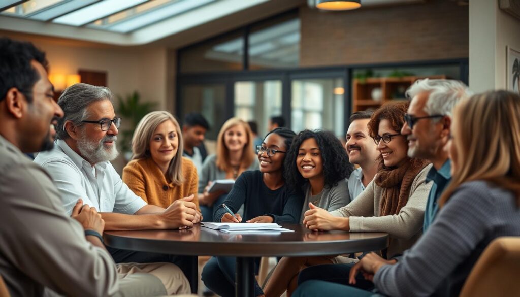 A warm, inviting community gathering of diverse individuals engaged in thoughtful, open discussions about responsible betting practices. The foreground features a group of people seated around a table, faces animated as they share personal experiences and insights. Soft, natural lighting creates an atmosphere of trust and camaraderie. In the middle ground, additional attendees listen intently, some taking notes. The background showcases a cozy, modern space with floor-to-ceiling windows, conveying a sense of safety and inclusivity. The overall mood is one of earnest, constructive dialogue, fostering a culture of shared knowledge and accountability.